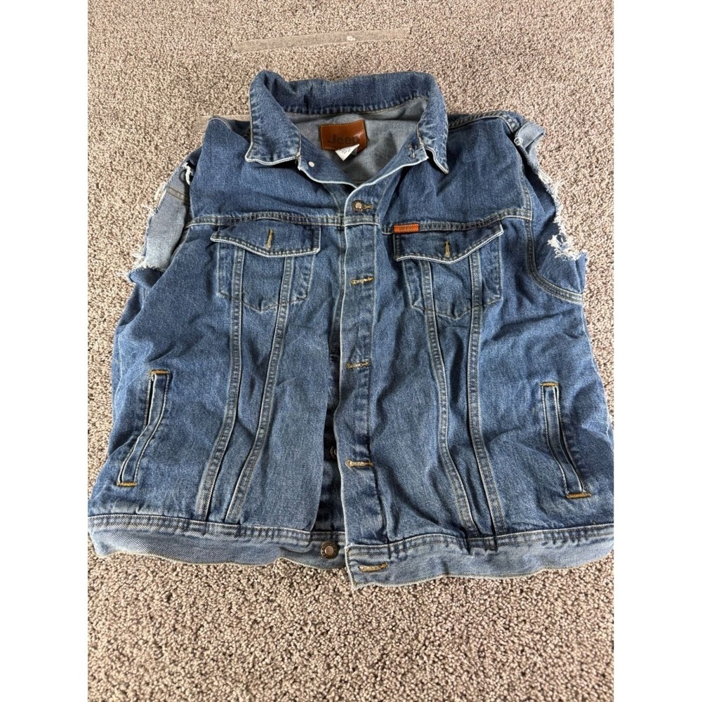 Jeep Mens Blue Denim Trucker Vest Size 2X Medium Wash Cotton Frayed Sleeveless
